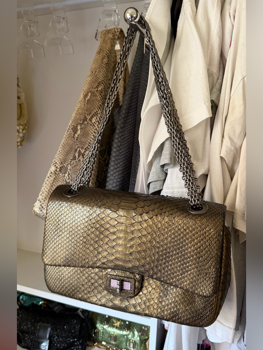 Eileen Kramer Jumbo Python Double Flap Reissue Shoulder Bag Bronze Army Green